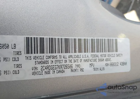 2019 Dodge Grand Caravan Gt из США, поврежденный, VIN 2C4RDGEG7KR726506